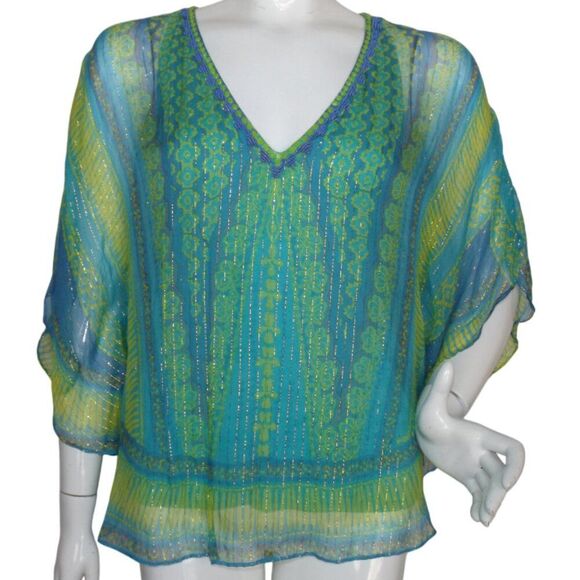 HALE BOB Top, M, Silk Layered Tank, Flutter Sleeves, V-neck, Blue/Green, Beaded - Picture 1 of 12